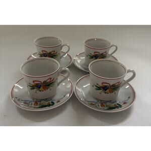 Vintage 4pc Set Salem China Christmas Eve Teacups and Saucers Holiday Dinnerware